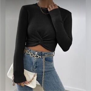 Black Cropped Sweater EUC Fuzzy Mohair Crop Top Crewneck Front Knot Size M